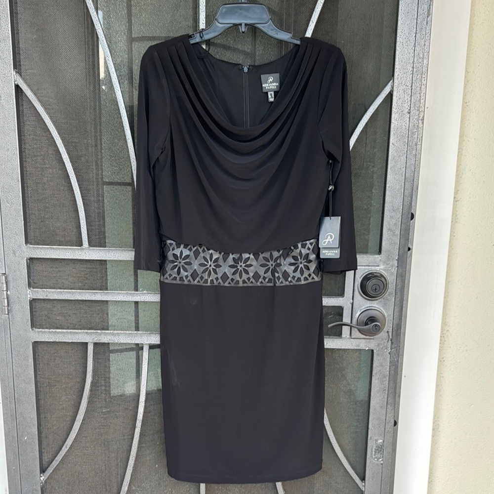 Adrianna Papell black dress with leather around waist. Zipper on back